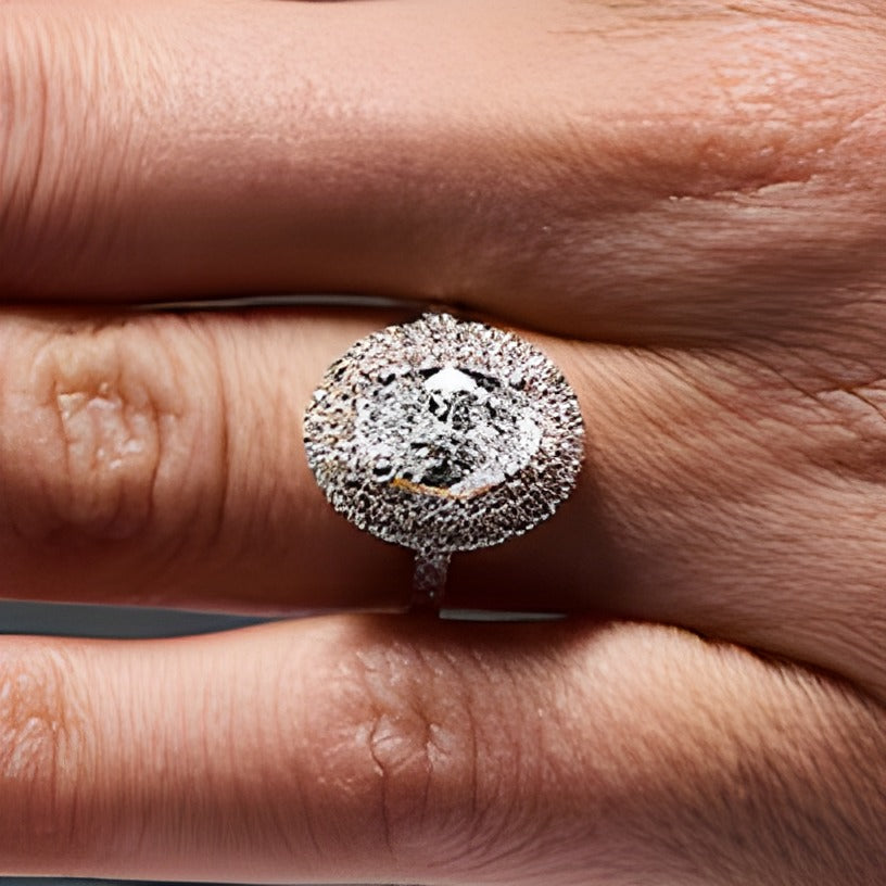 3.0 ct. Gesamtgewicht Verlobungsring mit ovalem Labordiamant und Halo in 14K Gelbgold (F/VS2)