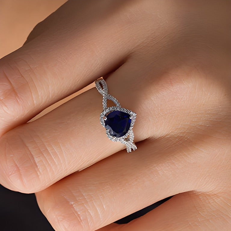 7,0mm herzförmiger im Labor gezüchteter blauer Saphir und 0,2 ct. Gesamtgewicht Diamant Fashion-Ring in 10K Weißgold