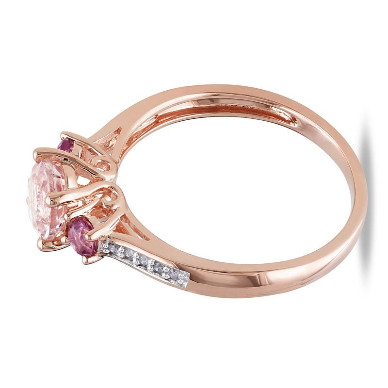6,0 mm Morganit, rosa Turmalin und Diamant-Besatz Dreistein-Ring in 10K Roségold