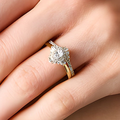 0,75 ct. Gesamtgewicht Brautset mit ovalen Diamanten und doppeltem Sunburst-Rahmen in 14K Gelbgold