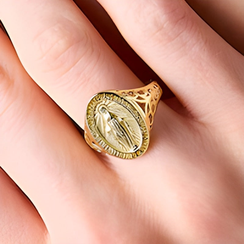 Miraculous-Medaille Siegelring aus massivem 14K Gelbgold für Damen - Größe 7