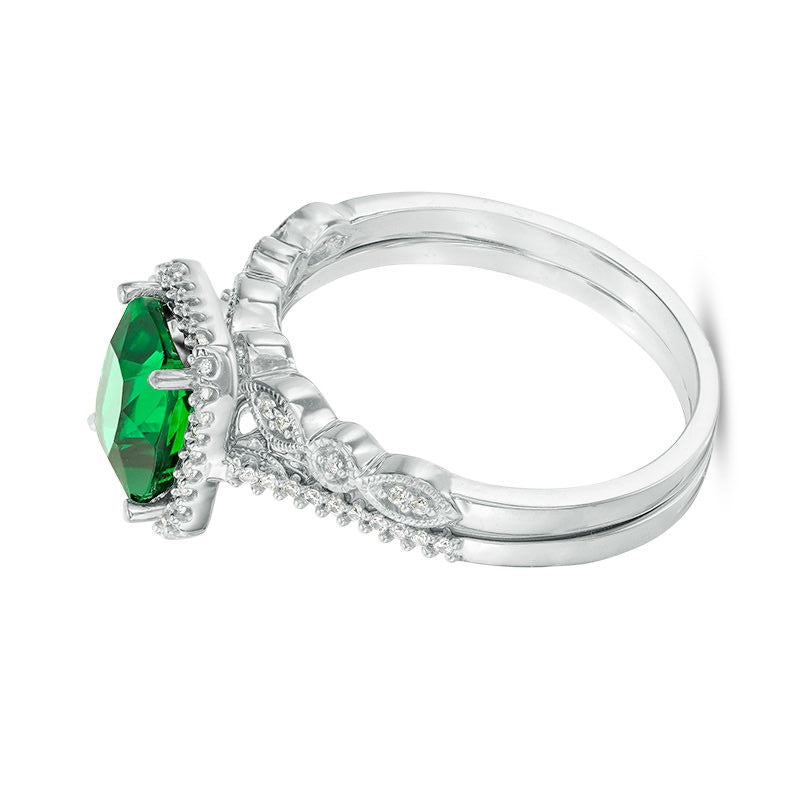 Braut-Set mit Smaragd im Kissenschliff (Labor) und Diamanten 0.2 ct. Gesamtgewicht im achteckigen Vintage-Rahmen aus rhodiniertem Sterlingsilber