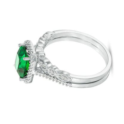 Braut-Set mit Smaragd im Kissenschliff (Labor) und Diamanten 0.2 ct. Gesamtgewicht im achteckigen Vintage-Rahmen aus rhodiniertem Sterlingsilber