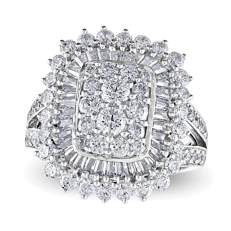 2.5 CT. Gesamtgewicht Cocktail-Ring mit Diamanten im Kissenschliff, Baguette- und Rundschliff in 10K Weißgold