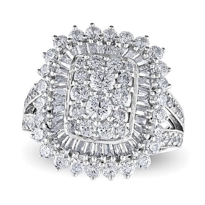 2.5 CT. Gesamtgewicht Cocktail-Ring mit Diamanten im Kissenschliff, Baguette- und Rundschliff in 10K Weißgold