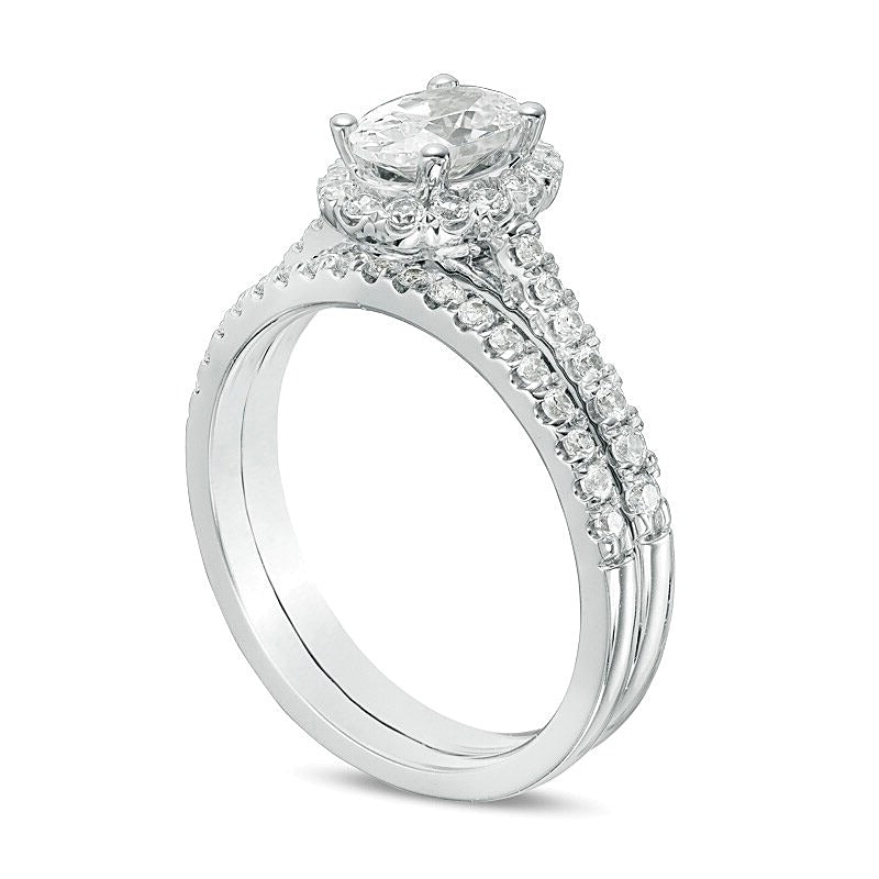 1.2 CT. Gesamtgewicht Braut-Set mit ovalem Diamant-Mittelstein und Halo aus 14K Weißgold (I/SI2)