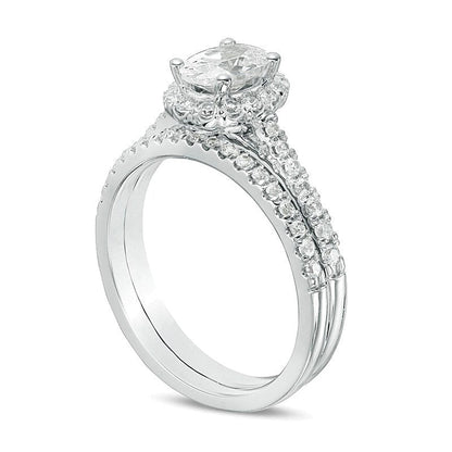 1.2 CT. Gesamtgewicht Braut-Set mit ovalem Diamant-Mittelstein und Halo aus 14K Weißgold (I/SI2)