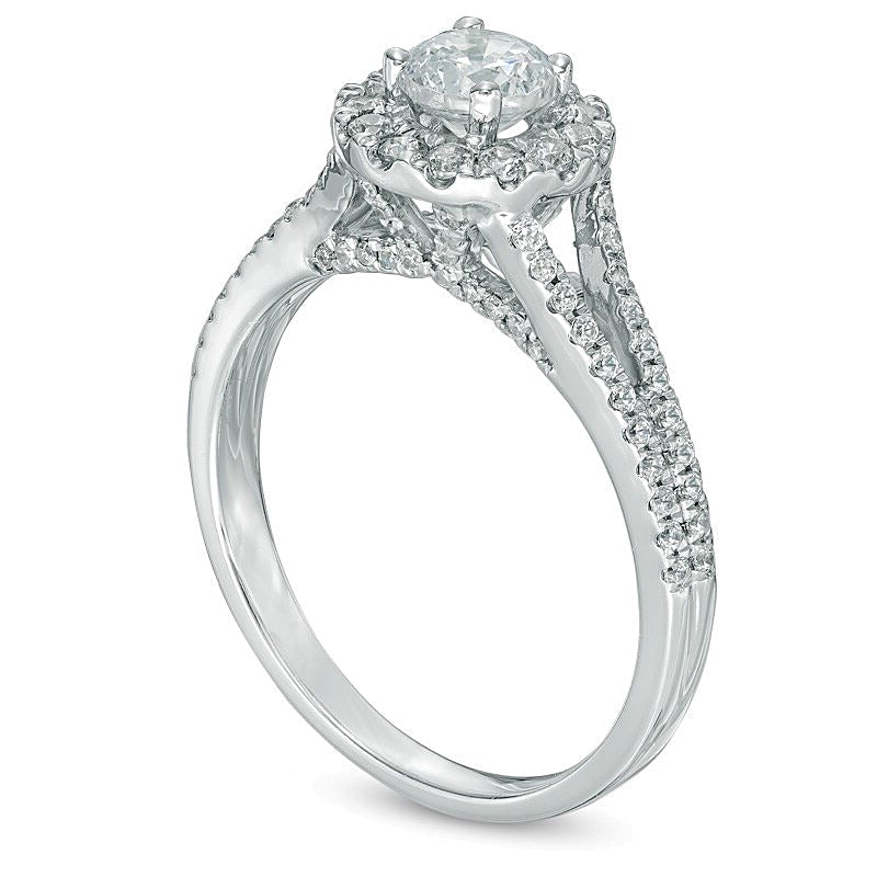1.0 CT. Gesamtgewicht Diamant Halo-Verlobungsring mit geteilter Schiene in 14K Weißgold