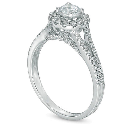1.0 CT. Gesamtgewicht Diamant Halo-Verlobungsring mit geteilter Schiene in 14K Weißgold