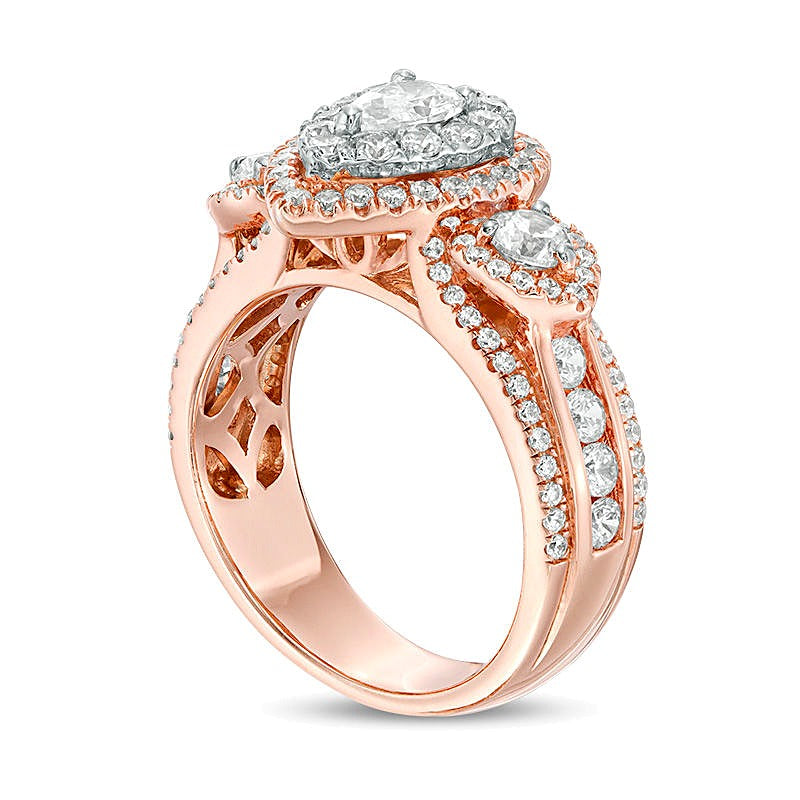 2.0 ct. Gesamtgewicht Dreistein-Verlobungsring mit weißen Diamanten im Tropfen- und Rundschliff in 14K Roségold