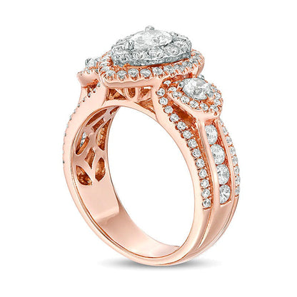 2.0 ct. Gesamtgewicht Dreistein-Verlobungsring mit weißen Diamanten im Tropfen- und Rundschliff in 14K Roségold