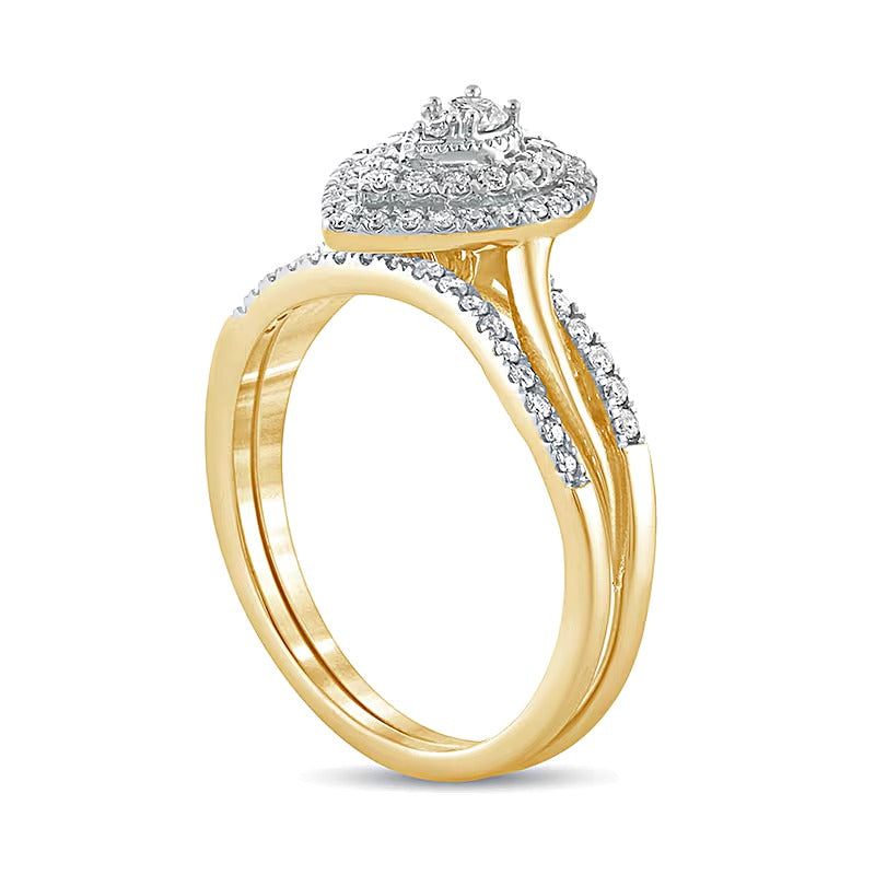 Braut-Set mit Komposit-Diamanten im Tropfen-Rahmen 0,38 ct. Gesamtgewicht in 10K Gelbgold