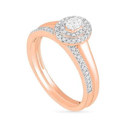 0.38 ct. Gesamtgewicht Braut-Set mit ovalem Diamant und doppeltem Halo in 10K Roségold
