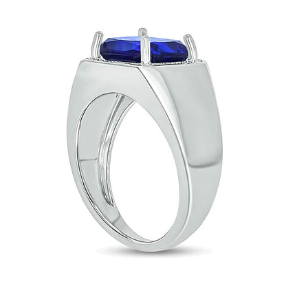 Fashion-Ring für Damen mit blauem Saphir im Smaragdschliff und Diamanten 0,1 ct. Gesamtgewicht in rhodiniertem Sterlingsilber 925