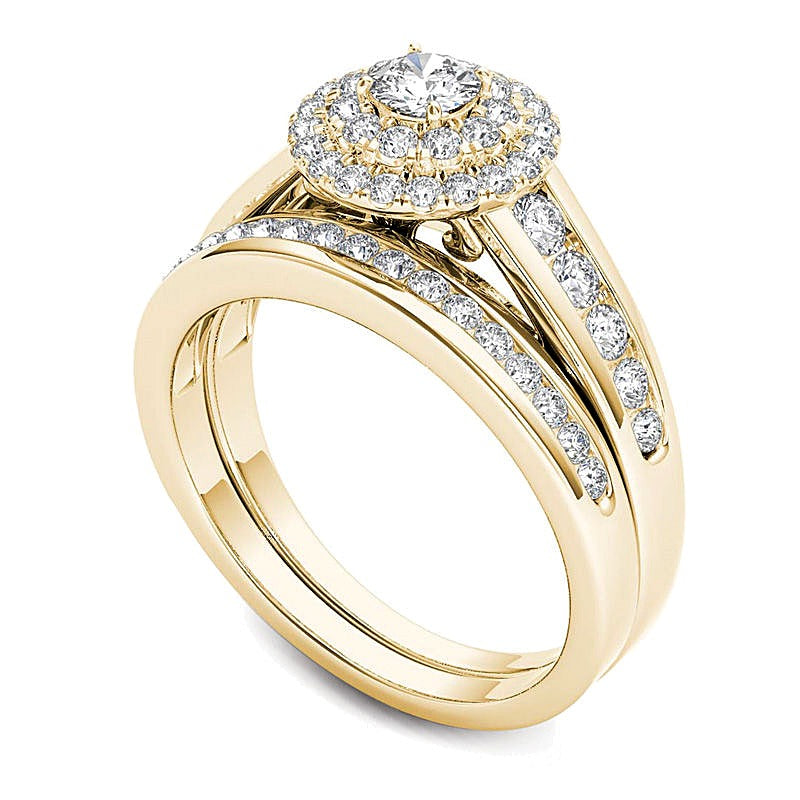1.0 ct. Gesamtgewicht Diamant Brautset mit doppeltem Halo in 14K Gelbgold