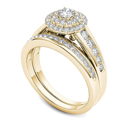 1.0 ct. Gesamtgewicht Diamant Brautset mit doppeltem Halo in 14K Gelbgold