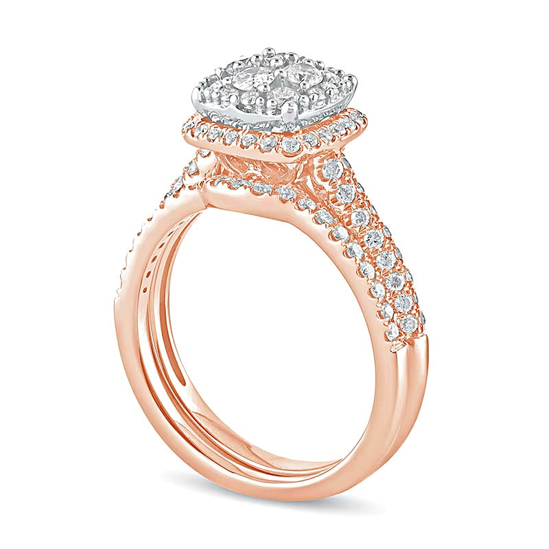 1.0 CT. Gesamtgewicht Komposit-Diamant Brautset mit Kissenschliff-Rahmen in 10K Roségold