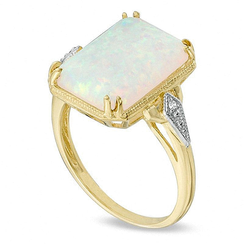Fashion-Ring mit rechteckigem Labor-Opal und Diamant-Besatz in 10K Gold