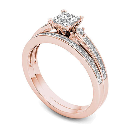 0.75 ct. Gesamtgewicht Brautset mit vier Diamanten im Princess-Schliff in 14K Roségold