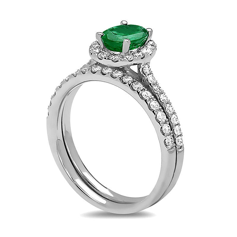 Braut-Set mit ovalem Smaragd und 0,63 ct. Gesamtgewicht Diamanten in 14K Weißgold