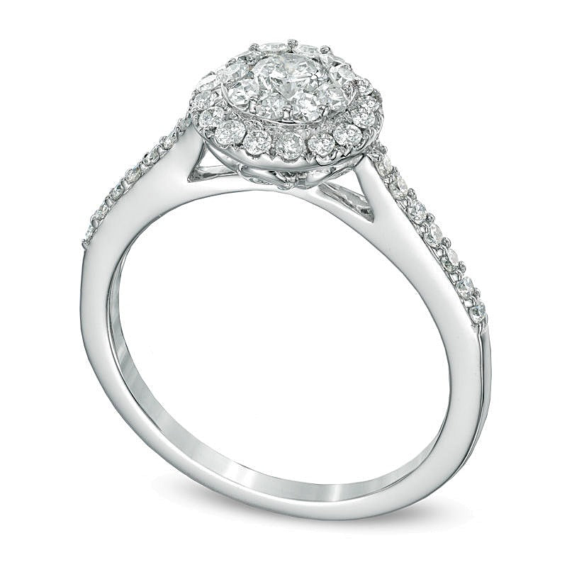 Verlobungsring mit Diamant-Doppelhalo 0.75 CT. Gesamtgewicht in 14K Weißgold
