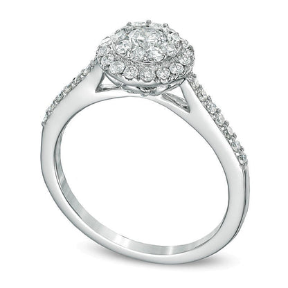 Verlobungsring mit Diamant-Doppelhalo 0.75 CT. Gesamtgewicht in 14K Weißgold