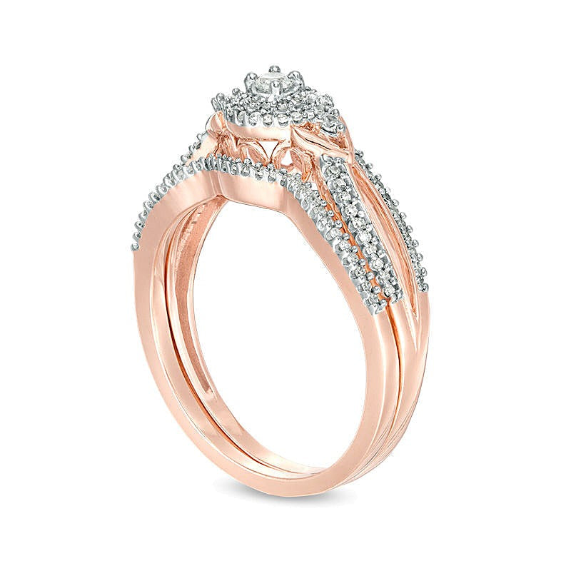 0.25 ct. Gesamtgewicht Diamant Braut-Set mit doppeltem Rahmen und V-Seiten in 10K Roségold