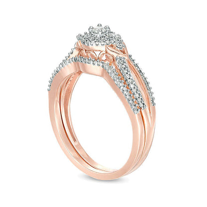 0.25 ct. Gesamtgewicht Diamant Braut-Set mit doppeltem Rahmen und V-Seiten in 10K Roségold