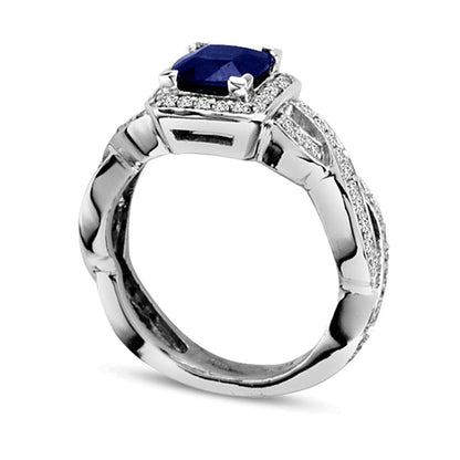 6,0mm blauer Saphir im Kissenschliff und 0,38 ct. Gesamtgewicht Diamant Halo-Verlobungsring in 14K Weißgold