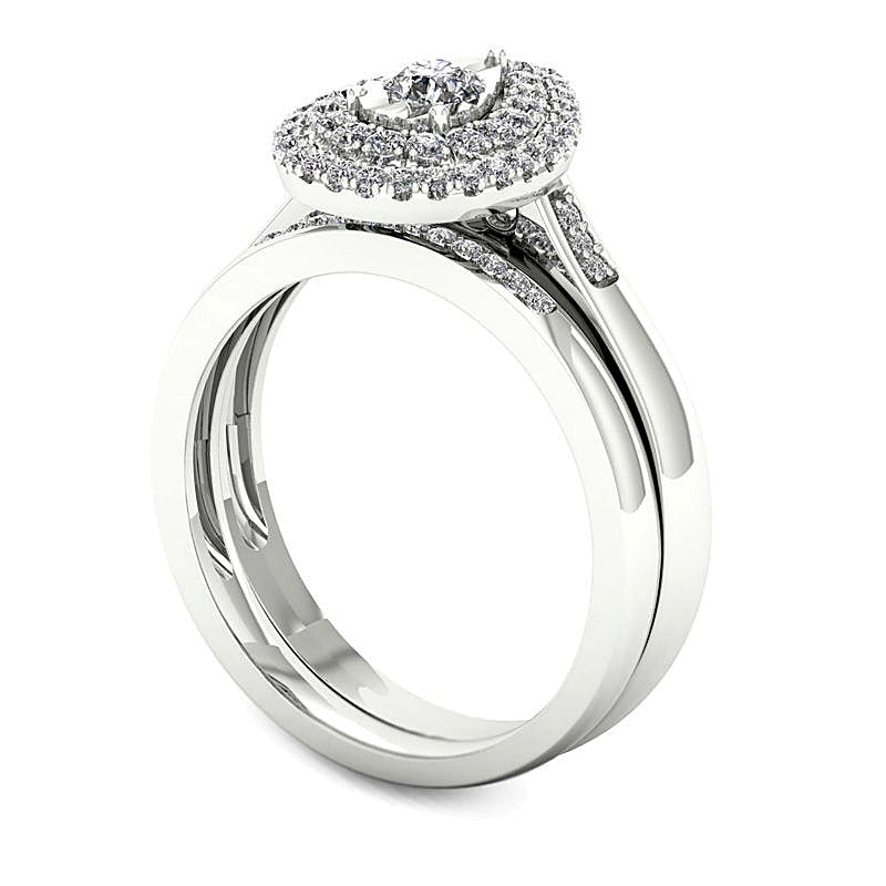0,25 ct. Gesamtgewicht Diamant Brautset mit doppeltem tropfenförmigem Rahmen in rhodiniertem Sterlingsilber