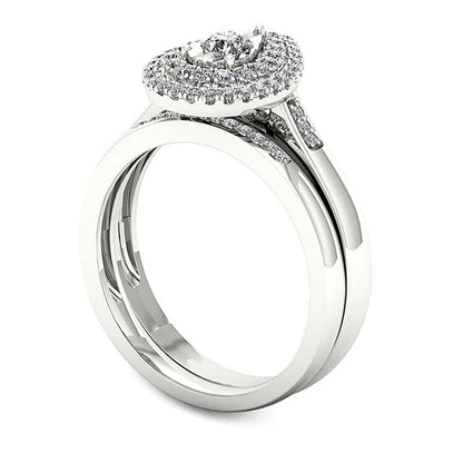 0,25 ct. Gesamtgewicht Diamant Brautset mit doppeltem tropfenförmigem Rahmen in rhodiniertem Sterlingsilber