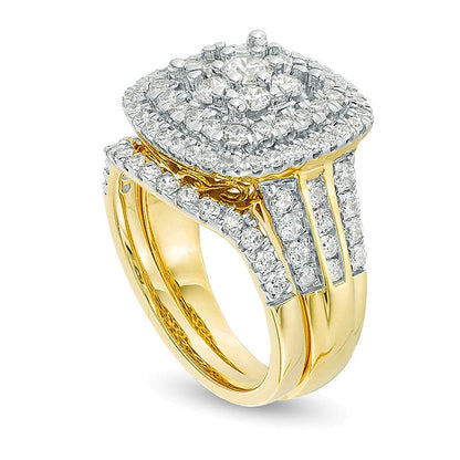 2.0 ct. Gesamtgewicht Diamant-Brautset mit dreifachem Kissenschliff-Rahmen in 10K Gelbgold