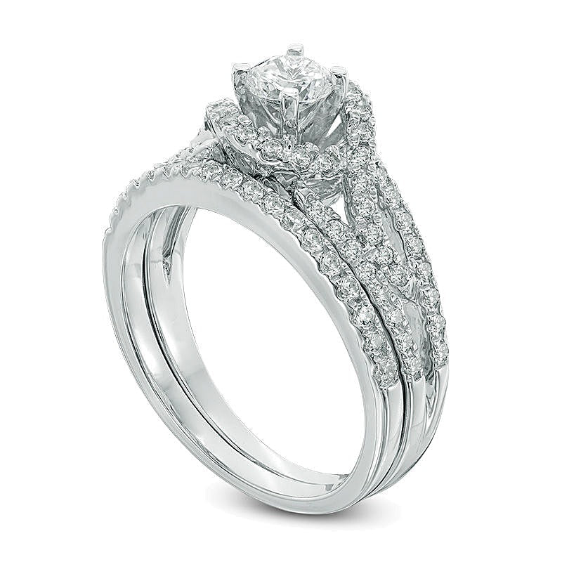 0,75 ct. Gesamtgewicht Diamant Brautset mit Rahmen und geteiltem Ringschienen-Design in 10K Weißgold