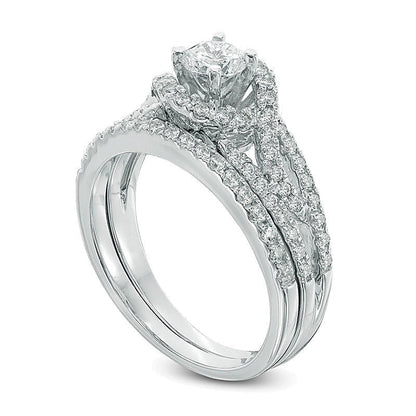 0,75 ct. Gesamtgewicht Diamant Brautset mit Rahmen und geteiltem Ringschienen-Design in 10K Weißgold