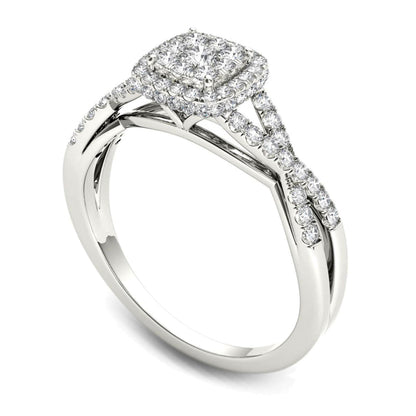 0,5 ct. Gesamtgewicht Multi-Diamant Verlobungsring mit quadratischem Rahmen und gedrehtem Ring in 14K Weißgold