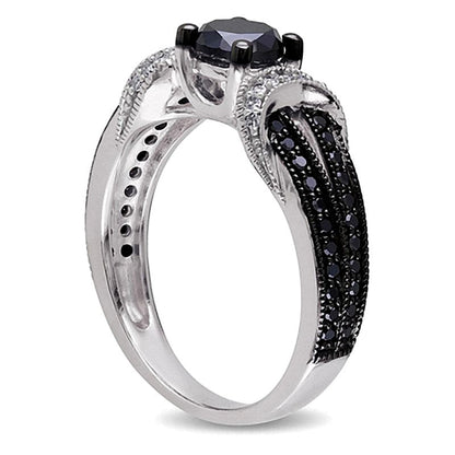 1.0 CT. TW Verlobungsring mit behandelten schwarzen und weißen Diamanten in rhodiniertem Sterlingsilber 925