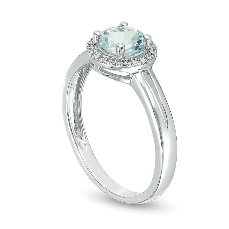 Halo-Ring mit Aquamarin und Diamant-Besatz, 5,7 mm, rund, mit geteilter Ringschiene in rhodiniertem Sterlingsilber