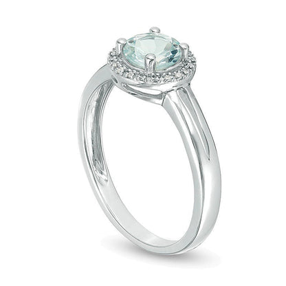 Halo-Ring mit Aquamarin und Diamant-Besatz, 5,7 mm, rund, mit geteilter Ringschiene in rhodiniertem Sterlingsilber
