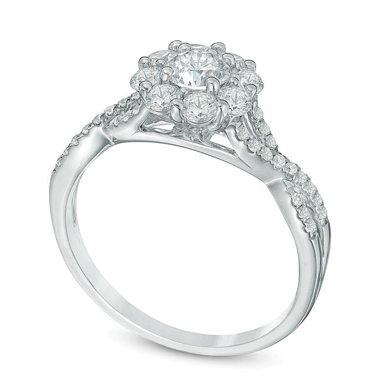 Verlobungsring mit Diamanten 0,88 ct. Gesamtgewicht im Blüten-Twist-Design mit Halo in 14K Weißgold