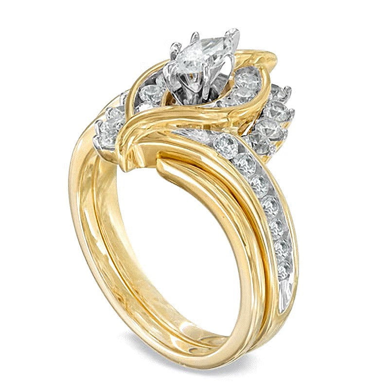 Braut-Set mit Marquise- und rundem Diamant 1.0 ct. Gesamtgewicht in 14K Gelbgold