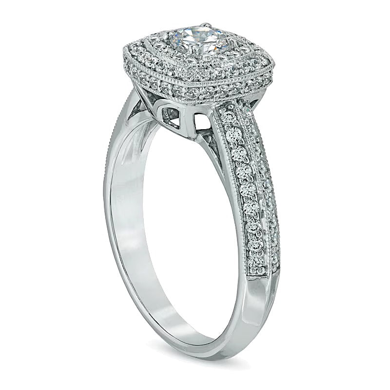 Verlobungsring mit Diamanten 1.0 ct. Gesamtgewicht, Halo, rund & Kissenschliff, in 14K Weißgold