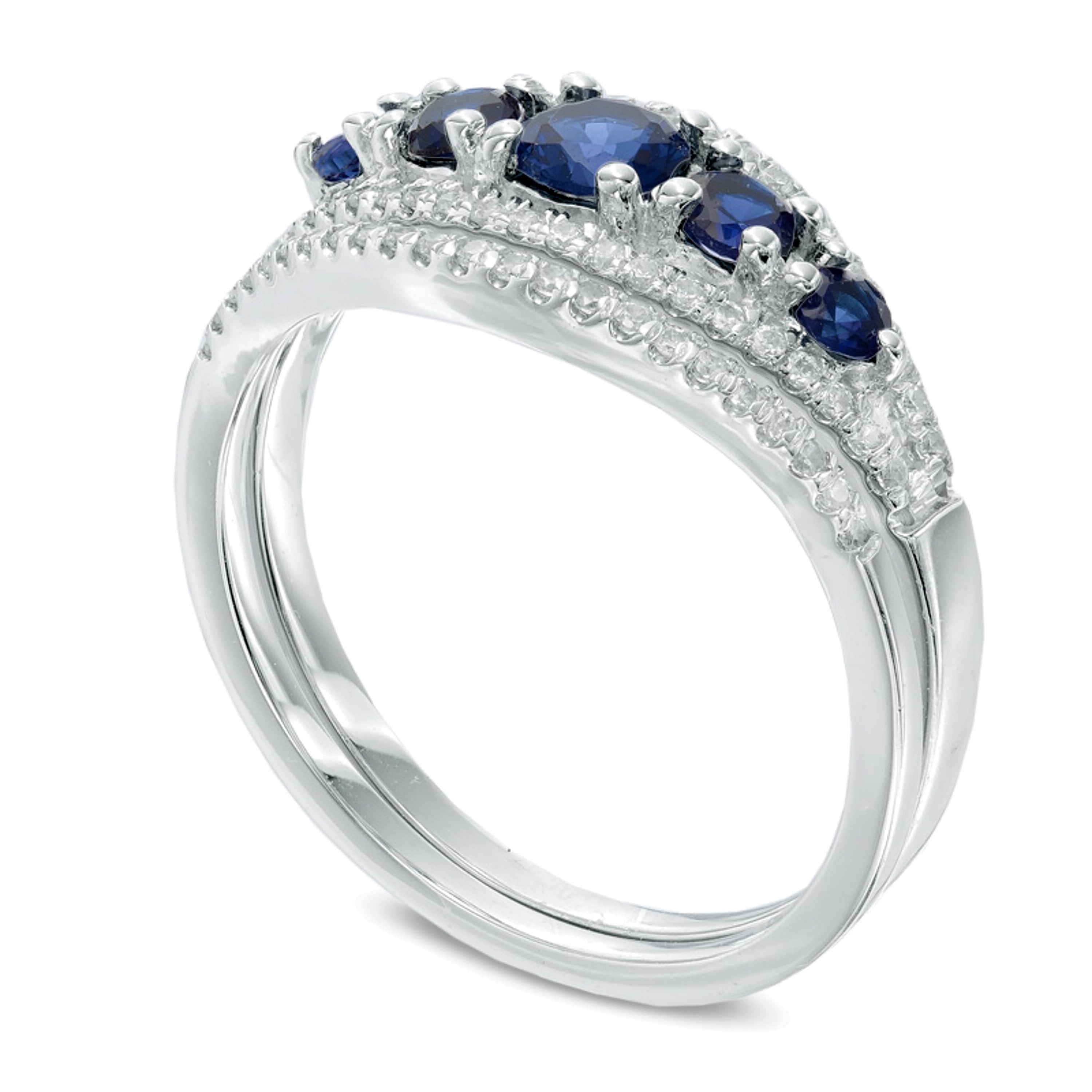 Braut-Set mit blauem Saphir (Labor) und Diamanten 0,25 ct. Gesamtgewicht, fünf Steine, in 10K Weißgold