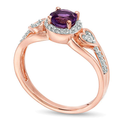 5,0mm Amethyst und 0,1 ct. Gesamtgewicht Diamant Freundschaftsring mit herzförmigem Rahmen und geteilter Schiene in 10K Roségold