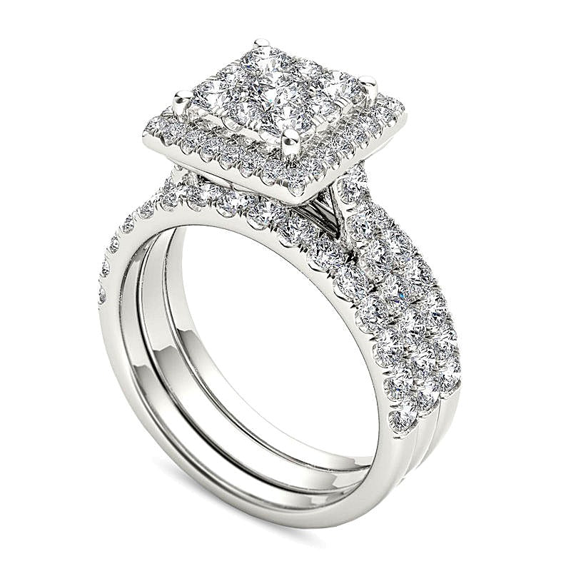 Brautset mit Diamanten im rund- und quadratischen Kompositrahmen 2.0 ct. Gesamtgewicht in 14K Weißgold