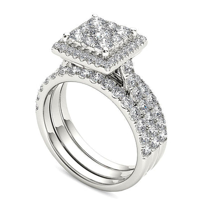 Brautset mit Diamanten im rund- und quadratischen Kompositrahmen 2.0 ct. Gesamtgewicht in 14K Weißgold