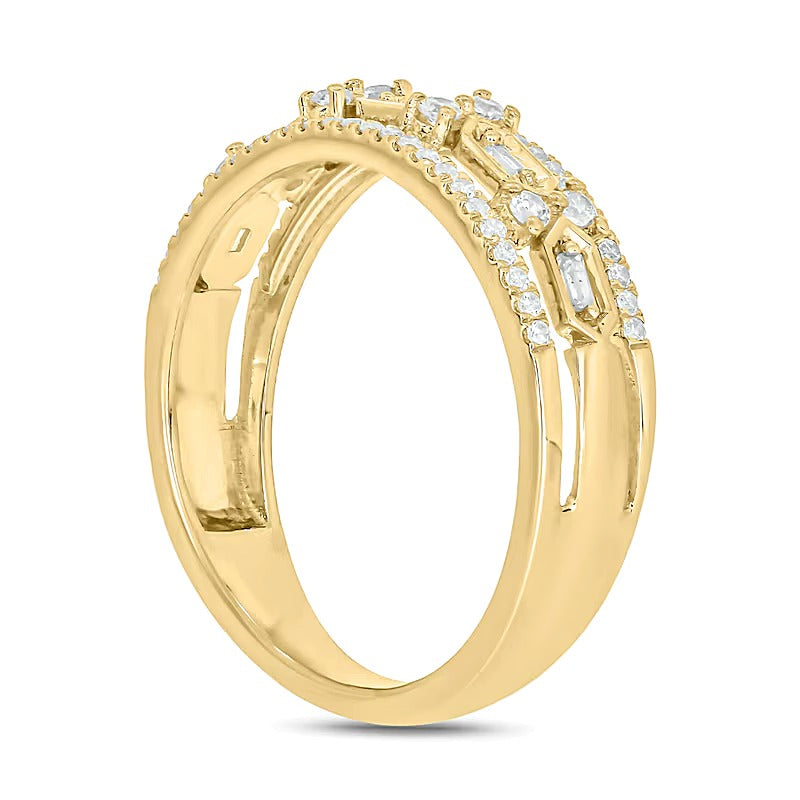 0,33 ct. Gesamtgewicht Diamant-Ring mit Hexagon-Stationen und Baguette- und Rundschliff in 10K Gelbgold