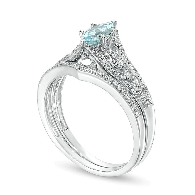 Braut-Set mit Aquamarin im Marquise-Schliff und 0,2 ct. Gesamtgewicht Diamanten im Vintage-Stil in 10K Weißgold