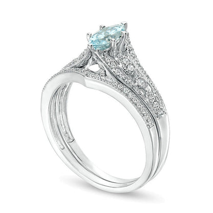 Braut-Set mit Aquamarin im Marquise-Schliff und 0,2 ct. Gesamtgewicht Diamanten im Vintage-Stil in 10K Weißgold