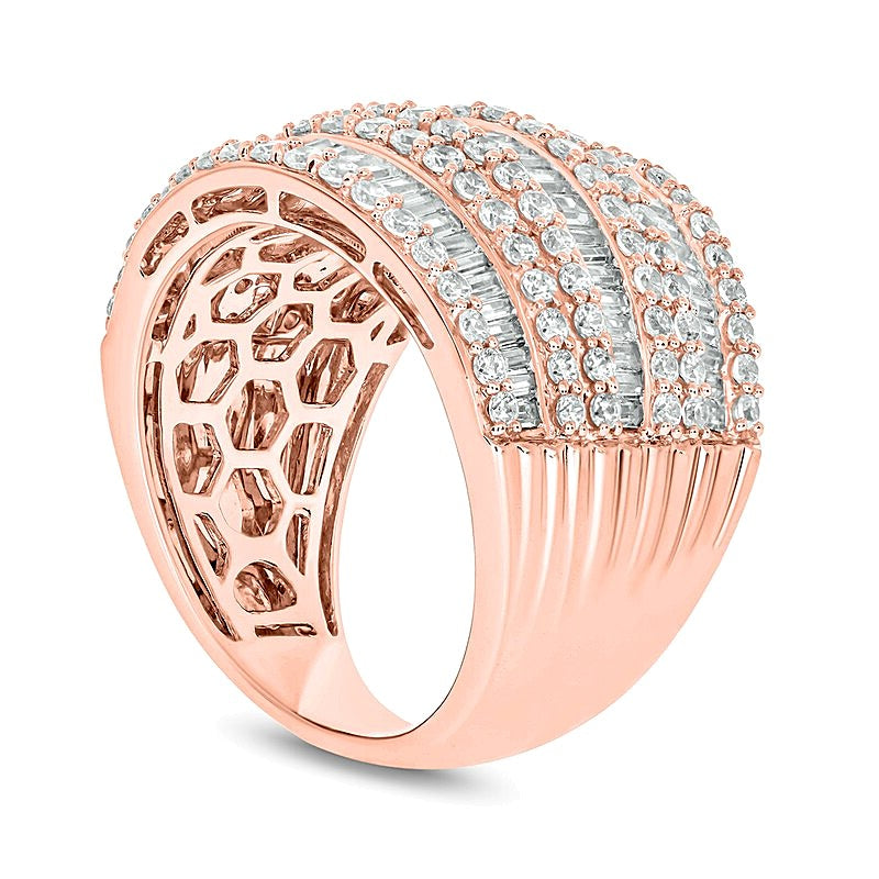 1,88 ct. Gesamtgewicht mehrreihiger Ring mit Diamanten im Baguette- und Rundschliff in 10K Roségold