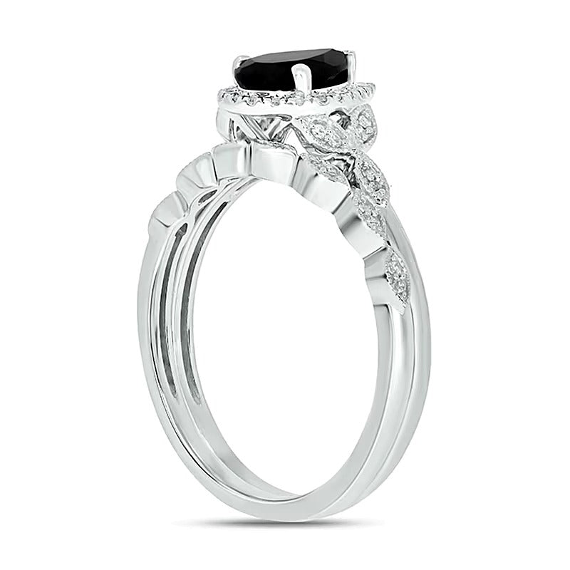 Braut-Set mit tropfenförmigem schwarzem Saphir und 0,17 ct. Gesamtgewicht Diamanten im Vintage-Stil mit Blattseiten in 10K Weißgold